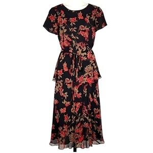Talbots Women's Black Red Floral Pure Silk 2 Piece Top Skirt Set 8